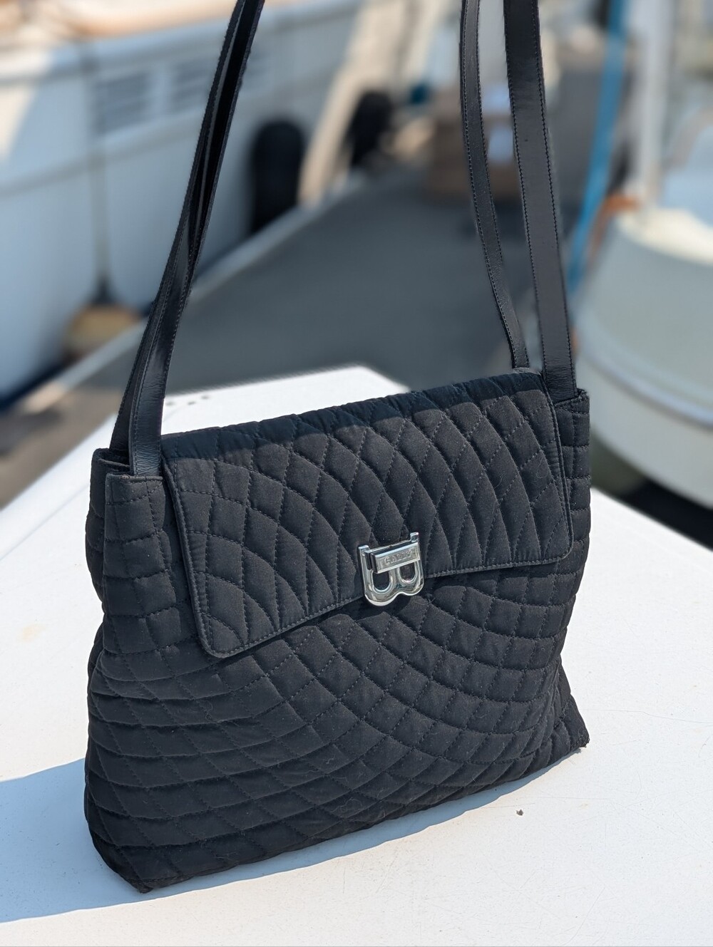 Bally | Vintage Quilted Black Nylon Shoulder Bag Made in Italy Turn Lock Leather